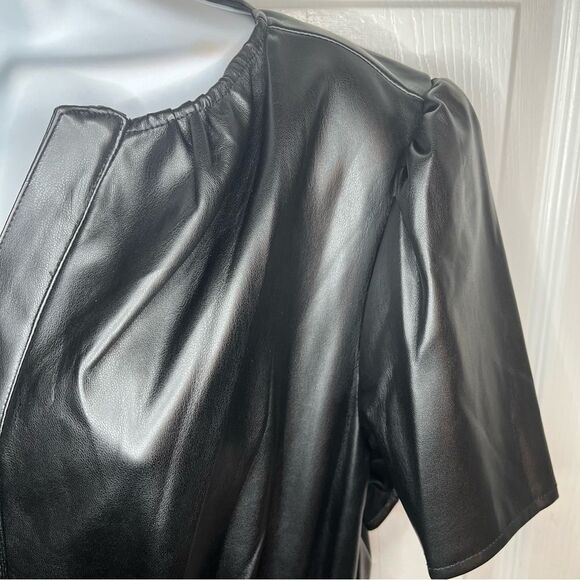 GREY COLLECTIVE Faux Leather Mini Dress Black Fit and Flare Ruffle Smocked M NWT - Picture 9 of 13